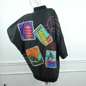 Vintage 80s Jacket Silkscapes Art to Wear Novelty Dolman Multicolor Embroidered